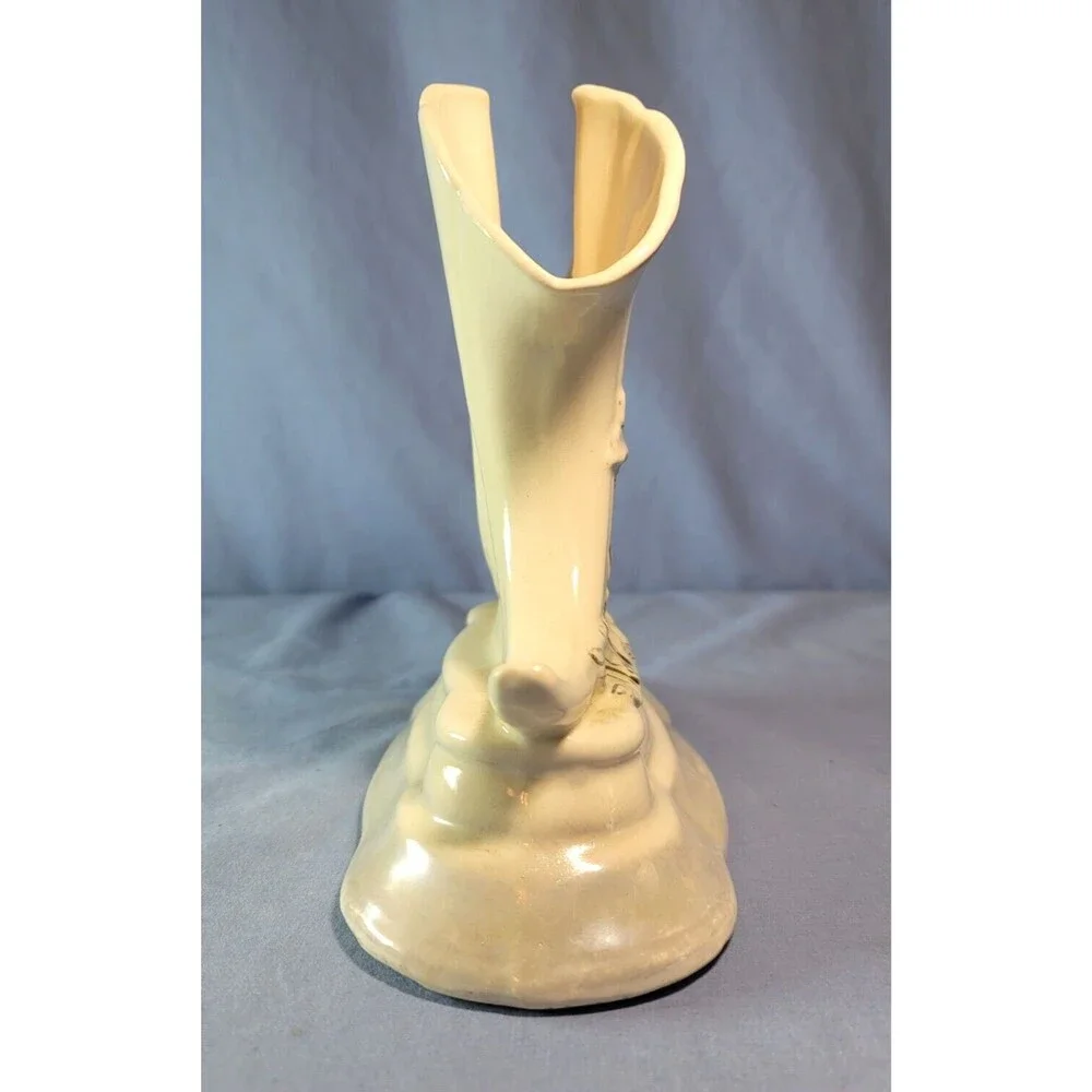 Unique Vase Floral Iridescent Cornucopia Double VTG MCM Ceramic w/ Gold Rim